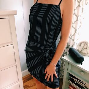 Navy striped tie wrap dress.